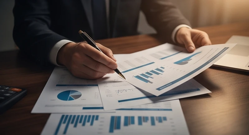 Đôi bàn tay lật giở các tập hồ sơ và báo cáo tài chính trên bàn làm việc dưới ánh đèn vàng tập trung
