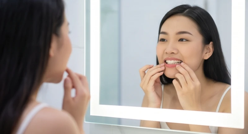 Người phụ nữ đứng soi gương kiểm tra khoang miệng vào buổi sáng, loại trừ các nguyên nhân sinh lý gây ra giấc mơ lạ