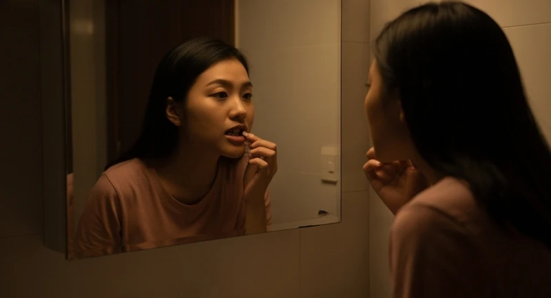 Mơ thấy chảy máu răng: Ý nghĩa theo vị trí và con số may mắn 8 Một người phụ nữ đang tự soi bóng mình trong gương phòng tắm để kiểm tra kỹ vùng nướu quanh chân răng