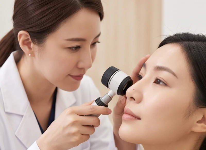 Nốt ruồi cạnh sống mũi: Ý nghĩa tướng số nam nữ & lưu ý thẩm mỹ 8 Chuyên gia da liễu dùng kính lúp kiểm tra kỹ cấu trúc sắc tố vùng mũi