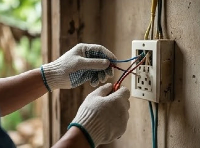 Đôi bàn tay đeo găng bảo hộ đang cẩn thận kiểm tra hệ thống dây điện và ổ cắm trong nhà