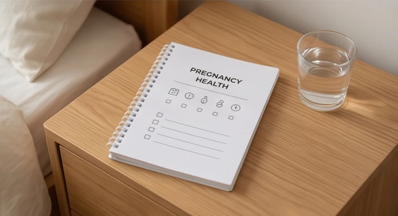 Mơ thấy chảy máu kinh: Giải mã điềm báo và góc nhìn y khoa 6 Cuốn sổ tay ghi chép sức khỏe thai kỳ đặt cạnh một ly nước ấm trên bàn