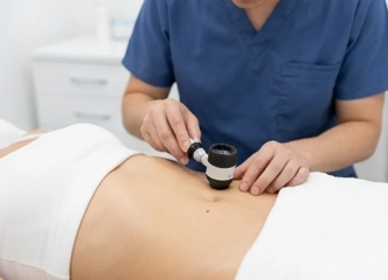 Bác sĩ da liễu đang dùng máy soi da chuyên dụng để kiểm tra cấu trúc nốt ruồi ở vùng bụng
