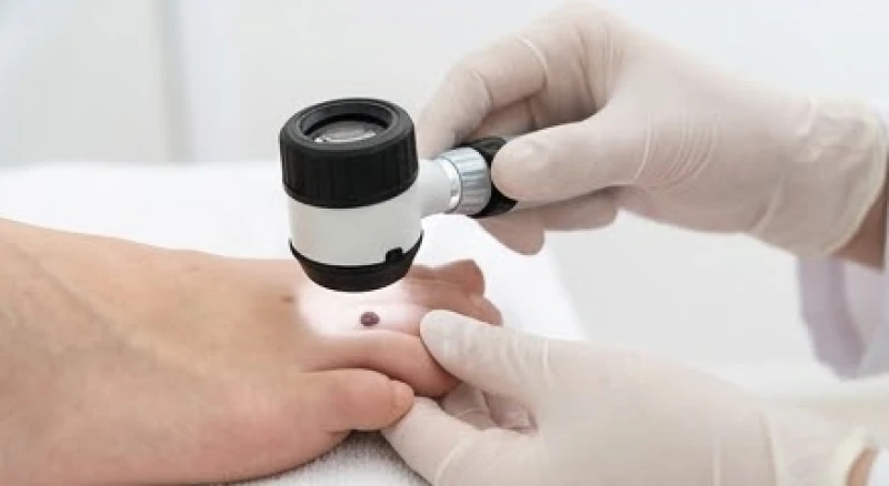 Bác sĩ da liễu đang dùng thiết bị soi da chuyên dụng để kiểm tra nốt ruồi bất thường trên ngón chân