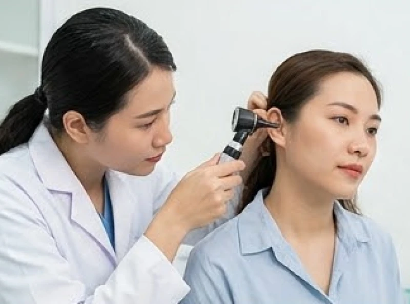Bác sĩ tai mũi họng đang kiểm tra ống tai phải bằng thiết bị nội soi chuyên dụng