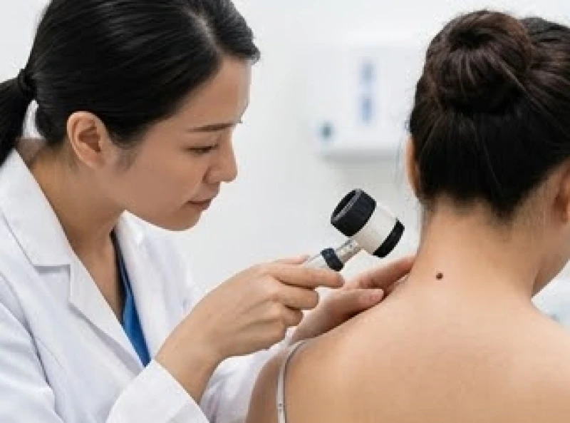Bác sĩ da liễu soi chiếu kiểm tra nốt ruồi sau gáy bằng thiết bị chuyên dụng
