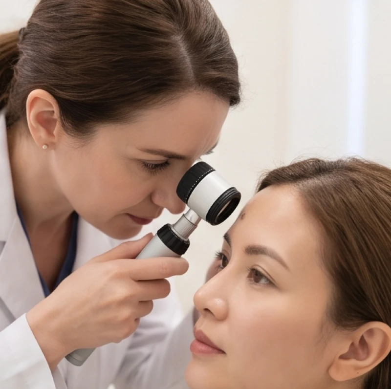 Bác sĩ da liễu đang dùng kính lúp soi kỹ nốt ruồi trên da để phát hiện sớm các dấu hiệu ung thư