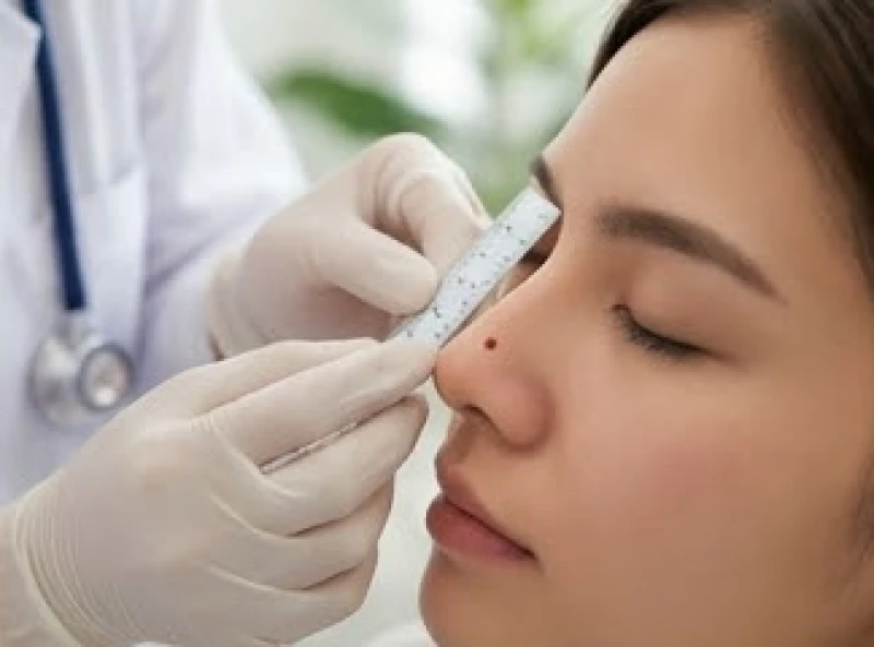 Bác sĩ đang sử dụng thước đo chuyên dụng để kiểm tra kích thước nốt ruồi trên da mặt