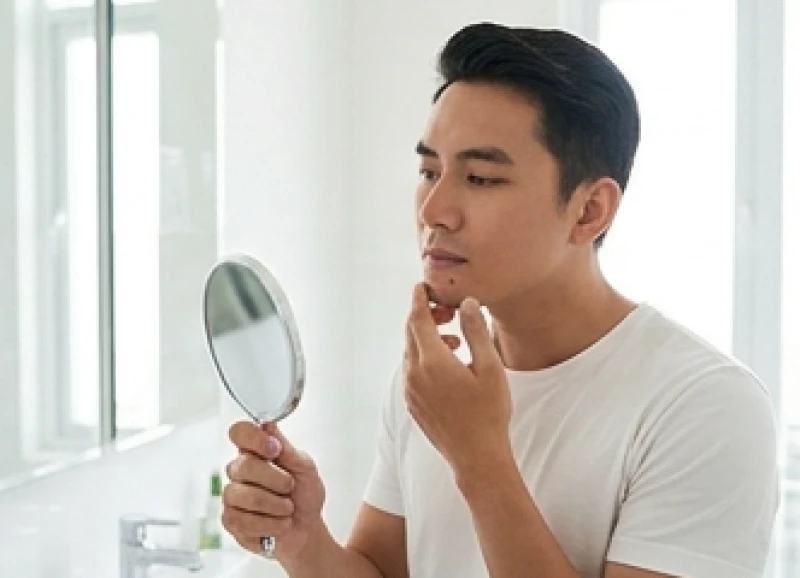 Nam giới đang soi gương tự kiểm tra các dấu hiệu bất thường của nốt ruồi