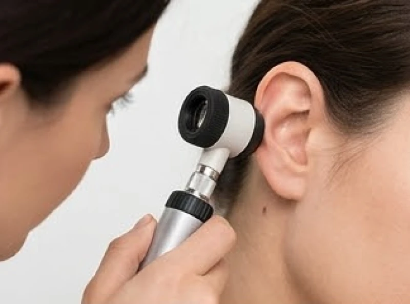 Bác sĩ da liễu dùng kính lúp chuyên dụng soi cấu trúc nốt ruồi vùng sau tai