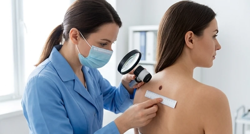 Quá trình dùng thước chuyên dụng đo kích thước của một đốm đen bất thường trên bề mặt biểu bì