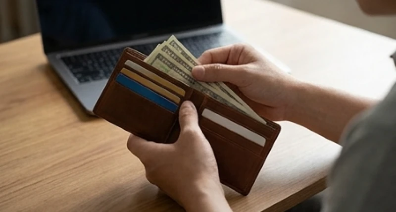 Người đàn ông cẩn thận kiểm tra lại tiền mặt và thẻ ngân hàng trong chiếc ví da sau khi gặp ác mộng mất tài sản