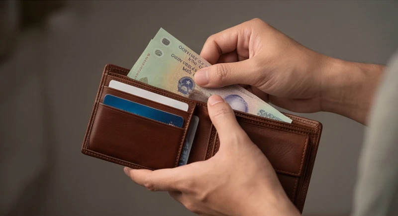 Một người đang mở ví da kiểm tra lại cẩn thận các tờ tiền và giấy tờ bên trong