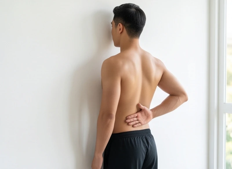 Nam giới đứng tựa lưng vào tường và luồn tay qua thắt lưng để kiểm tra độ võng của cột sống