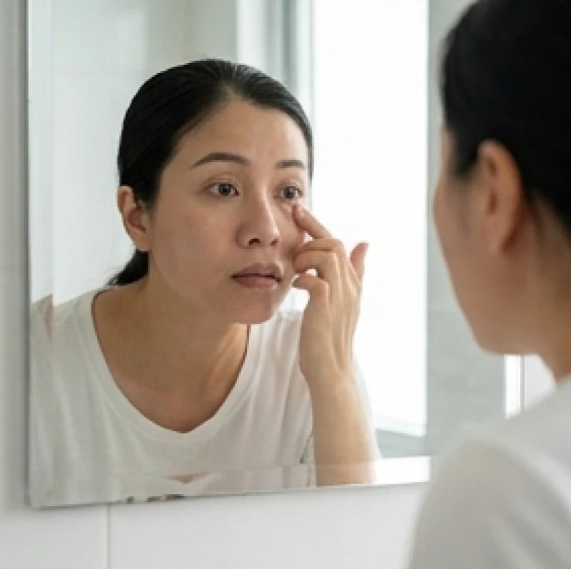 Người phụ nữ đứng trước gương để quan sát cẩn thận biểu hiện lạ ở vùng mắt do cơ mặt co giật liên tục