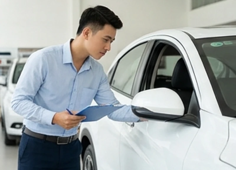 Tuổi Thân mua xe ngày nào tốt: Lịch năm 2026 trọn 12 tháng 4 Khách hàng cẩn thận kiểm tra lớp sơn ngoại thất và giấy tờ xe trong buổi lễ bàn giao phương tiện