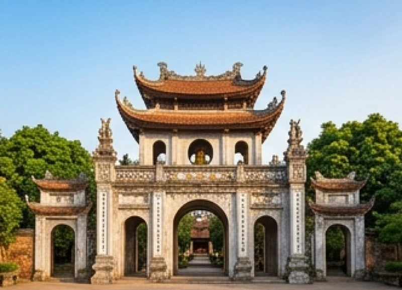 Văn khấn lễ hội Đền Lảnh Giang: Bài cúng chuẩn và sơ đồ hành lễ 1 Cổng Tam Quan uy nghi của Đền Lảnh Giang tại xã Mộc Nam trong không khí yên bình
