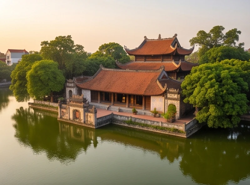Ngôi đền cổ kính ngói đỏ nằm êm đềm bên cạnh hồ Bán Nguyệt tĩnh lặng