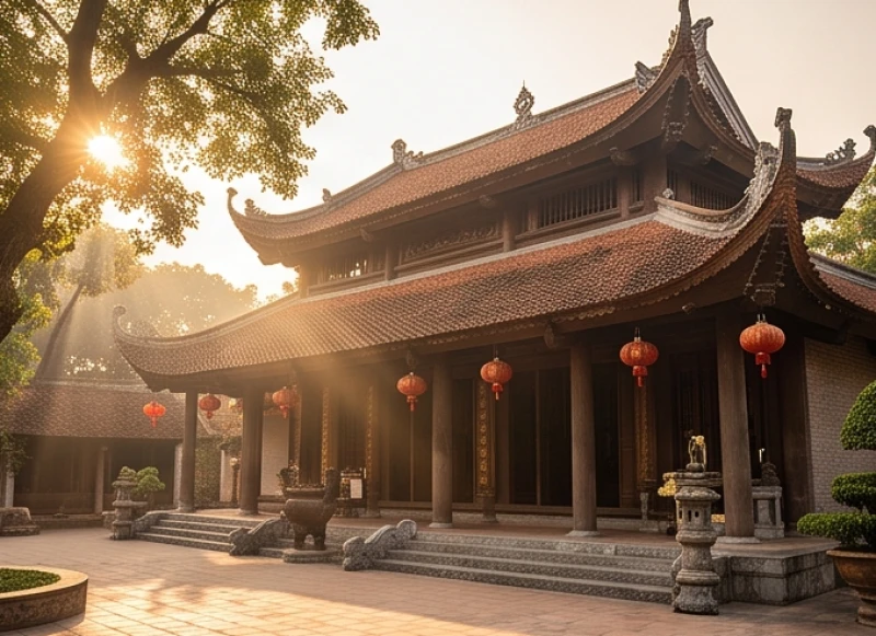 Kiến trúc uy nghiêm của một ngôi đền Việt Nam với mái ngói đỏ và các cột gỗ chạm trổ tinh xảo