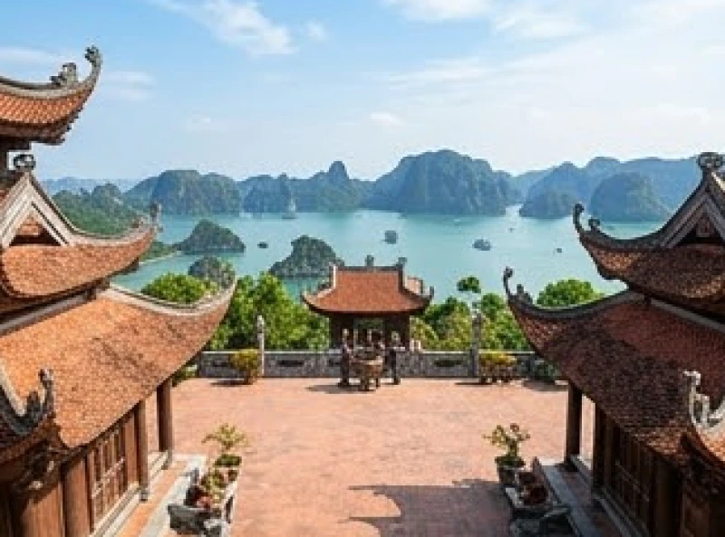 Góc nhìn từ đền Thượng hướng ra vịnh Bái Tử Long vô cùng khoáng đạt và linh thiêng