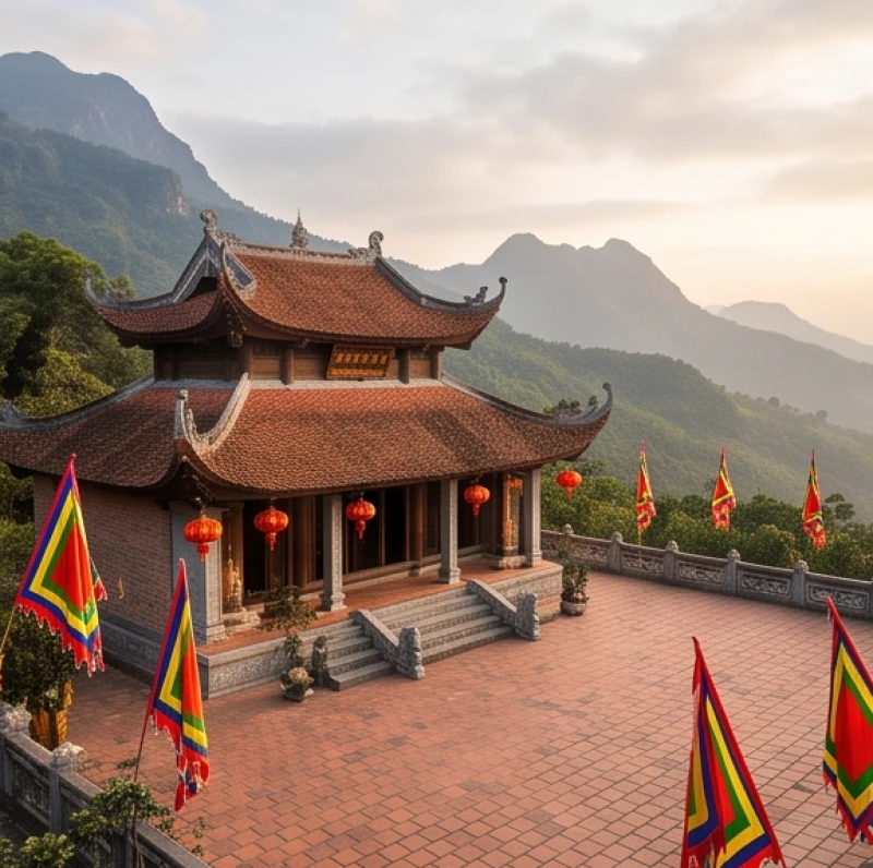Toàn cảnh kiến trúc cổ kính của Đền Thượng Lào Cai nằm uy nghi trên đồi Hỏa Hiệu với cờ hội rực rỡ