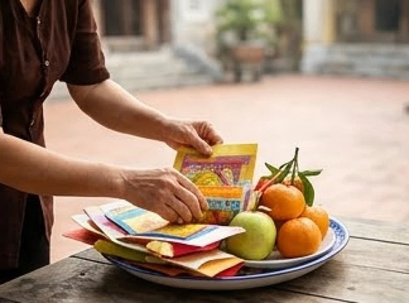 Đặt mâm trái cây và đồ mã cẩn thận lên bàn sửa lễ trước khi vào chánh điện