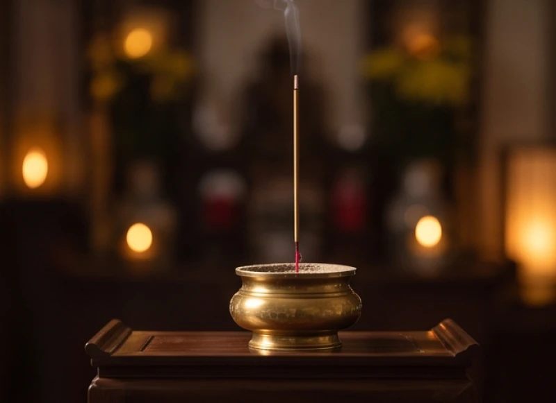 Nén nhang đang cháy rực trên bát hương bằng đồng, thể hiện sự liền mạch và không gian thanh tịnh của cúng giỗ