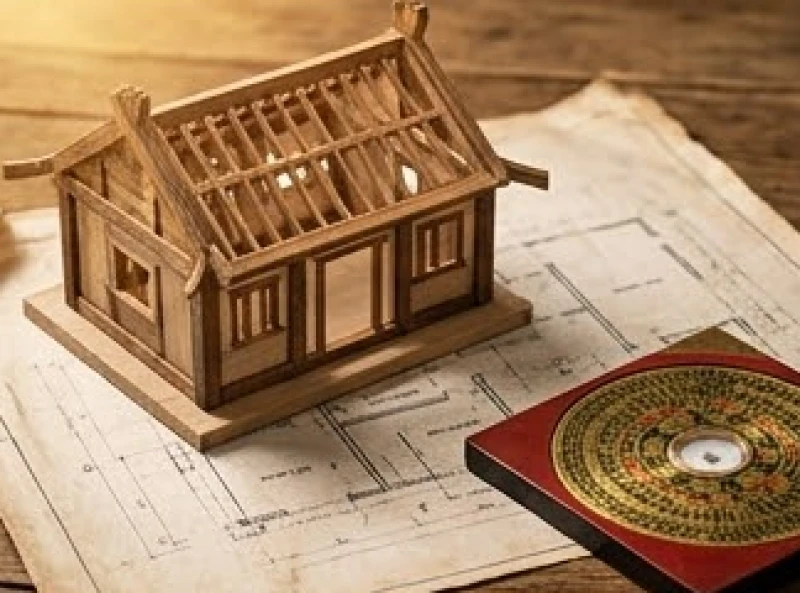 Mô hình khung gỗ ngôi nhà nhỏ đặt trên bản vẽ kiến trúc cùng la bàn phong thủy