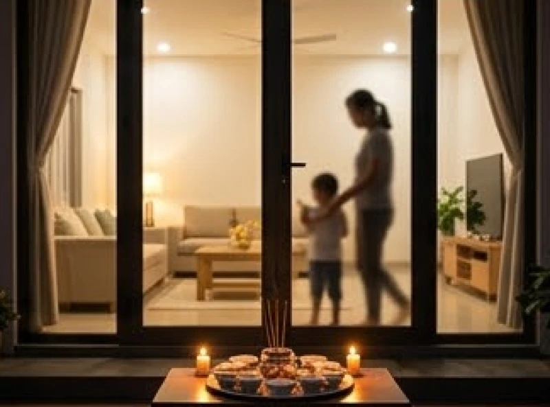 Trẻ em được người lớn hướng dẫn ở yên trong nhà khi bên ngoài sân đang diễn ra nghi lễ cúng