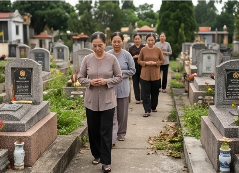 Các thành viên mặc trang phục dài tay tối màu và di chuyển cẩn thận trên lối đi nhỏ tại nghĩa trang