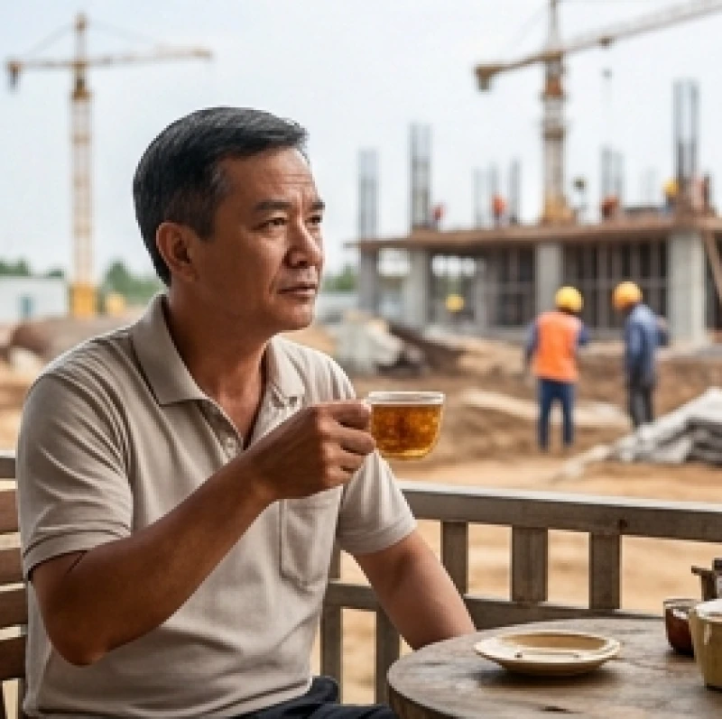 Văn khấn mượn tuổi làm nhà: Trình tự bài bản và mẫu giấy tờ 10 Chủ nhà ngồi uống nước tại một quán cà phê cách xa khu vực công trình đang làm lễ động thổ