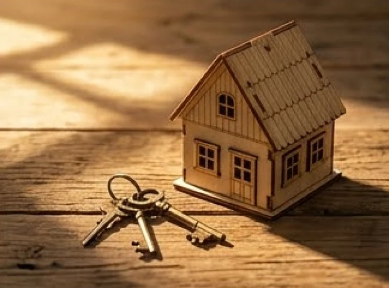 Mô hình ngôi nhà nhỏ bằng gỗ đặt cạnh chùm chìa khóa cổ và đồng xu phong thủy may mắn
