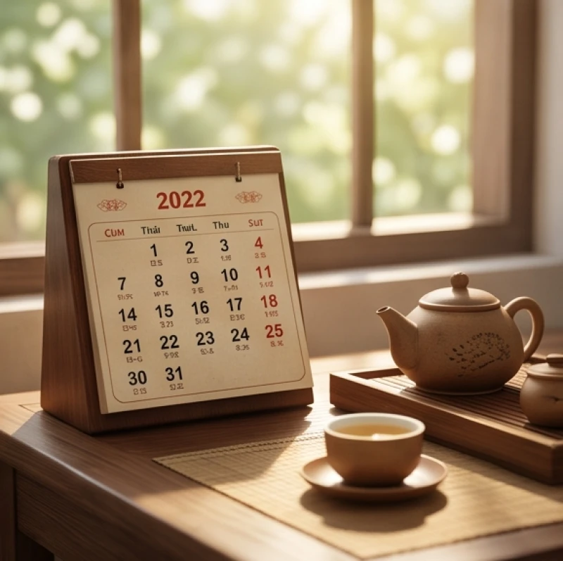 Tháng tốt xấu của tuổi Tý năm 2027: Bảng đối chiếu 5 nạp âm 10 Cuốn lịch gỗ để bàn và chén trà nóng thể hiện sự cẩn trọng khi chọn ngày lành