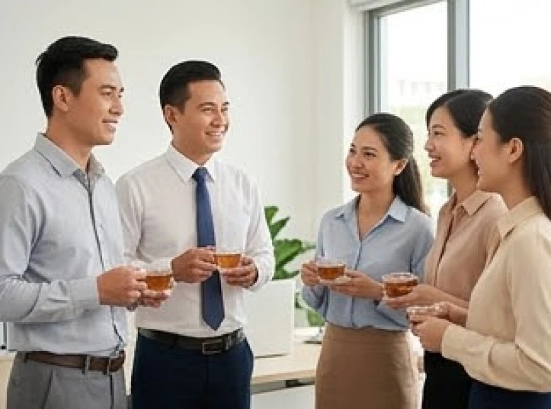 Nhân viên vui vẻ trò chuyện, giữ gìn không gian sạch sẽ để tránh đổ vỡ trong ngày mở hàng