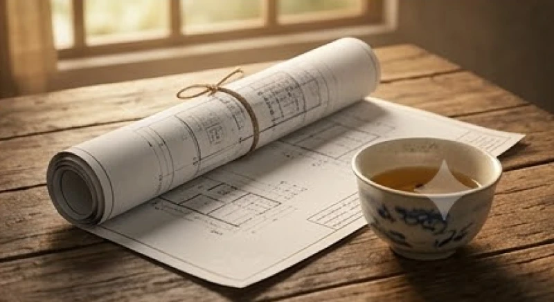Sơ đồ bản vẽ thiết kế nhà ở bị cuộn tròn lại và đặt cạnh một chén trà đang uống dở