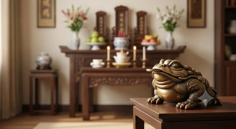 Tượng thiềm thừ phong thủy được đặt tách biệt hoàn toàn khỏi không gian của bàn thờ gia tiên