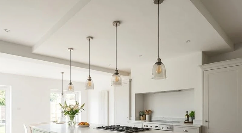 Trần nhà phẳng phiu và thoáng đãng phía trên khu vực bếp nấu, không bị hệ thống dầm xà đè nén