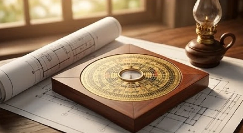 Bản vẽ thiết kế nhà và la bàn phong thủy bị gác lại tượng trưng cho việc tạm dừng dự án