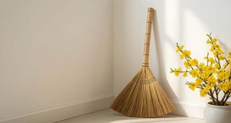 Tuổi Mùi kiêng gì trong ngày Tết: Phân tích theo từng nạp âm 7 Cây chổi rơm được dựng gọn gàng vào một góc nhà để tránh việc vô tình hất tài lộc ra khỏi cửa chính