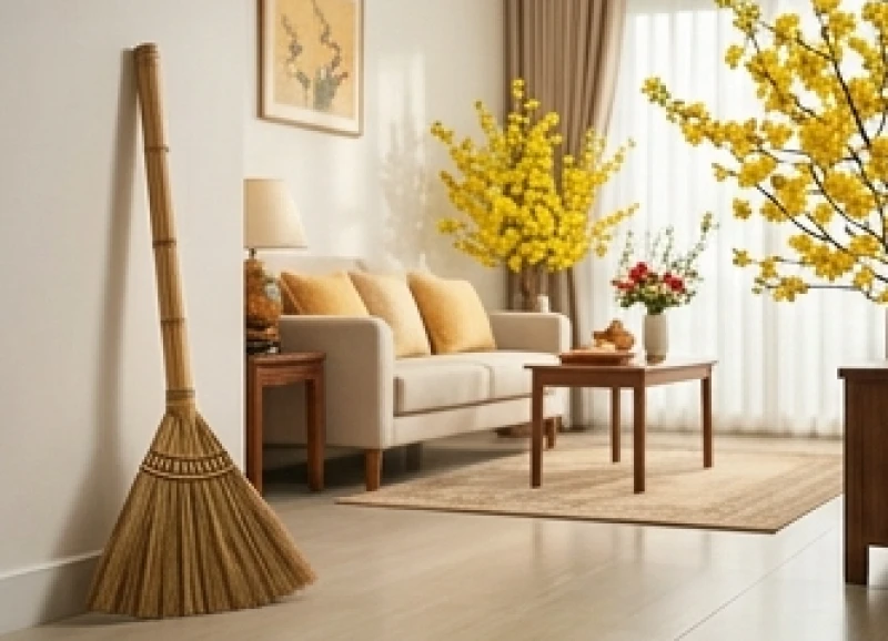 Góc nhà gọn gàng với chổi được cất kỹ trong ngày mùng 1 Tết để giữ tài lộc