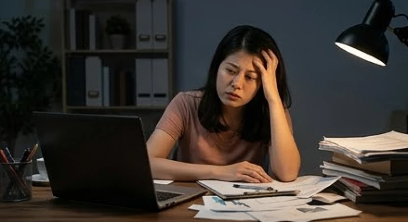 Nữ nhân viên văn phòng mệt mỏi gục xuống bàn làm việc giữa đêm khuya do khối lượng công việc quá tải