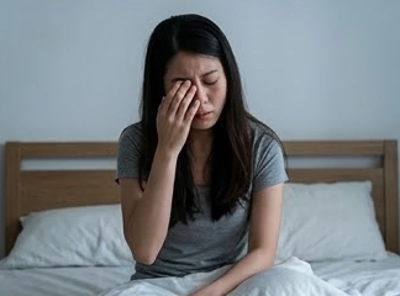 Người phụ nữ ngồi thẫn thờ trên mép giường vào buổi sáng do mệt mỏi sau một đêm trằn trọc sợ hãi