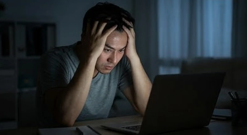 Mơ thấy bị bóp cổ: Giải mã điềm báo, bóng đè và cách khắc phục 3 Người mệt mỏi gục đầu bên bàn làm việc vào ban đêm phản ánh sự kiệt sức thần kinh