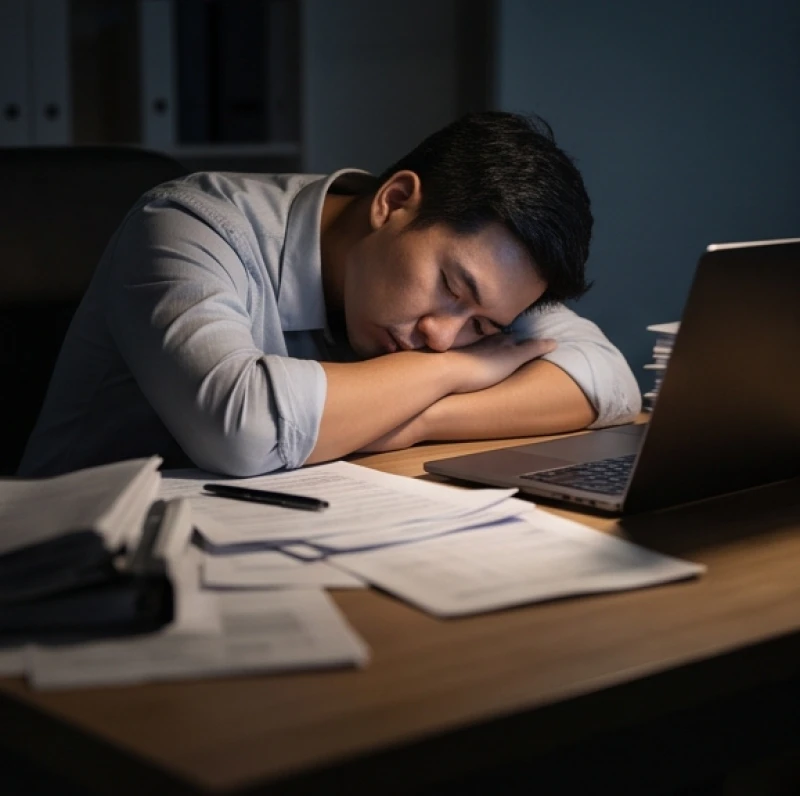 Người đàn ông gục đầu mệt mỏi trên bàn làm việc giữa đêm khuya với nhiều tài liệu lộn xộn xung quanh
