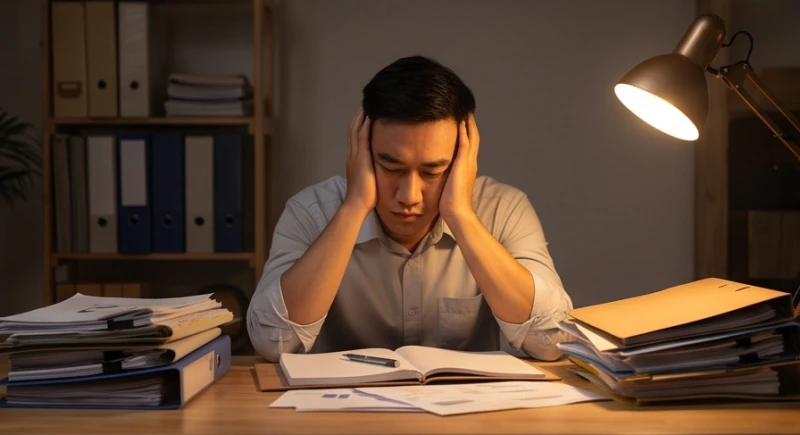 Nam thanh niên gục đầu mệt mỏi bên bàn làm việc với nhiều giấy tờ do làm việc quá sức
