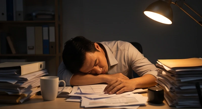 Người đàn ông mệt mỏi gục đầu trên bàn làm việc đầy giấy tờ vào đêm muộn