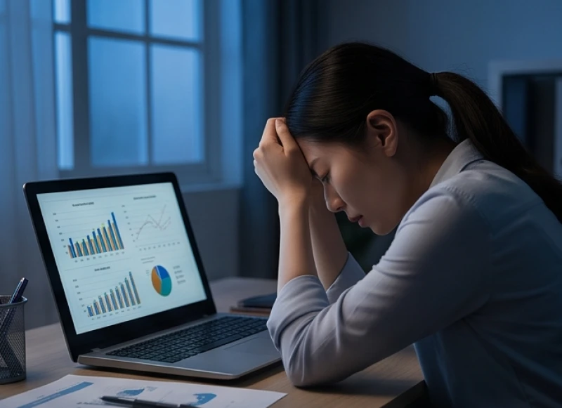 Người phụ nữ mệt mỏi tựa đầu vào tay khi ngồi trước màn hình máy tính đầy bảng biểu