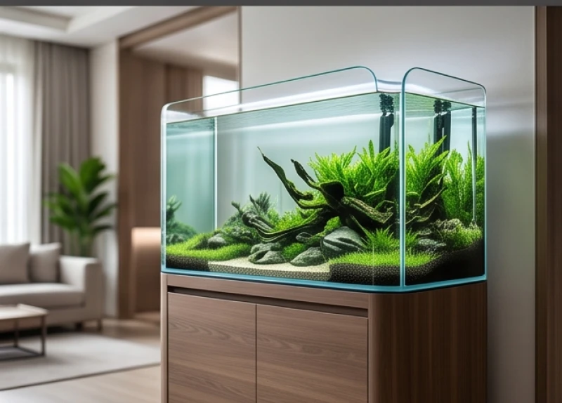 Hồ thủy sinh có thiết kế khối vuông bo góc mềm mại tinh tế tôn vinh vẻ đẹp nội thất phòng khách