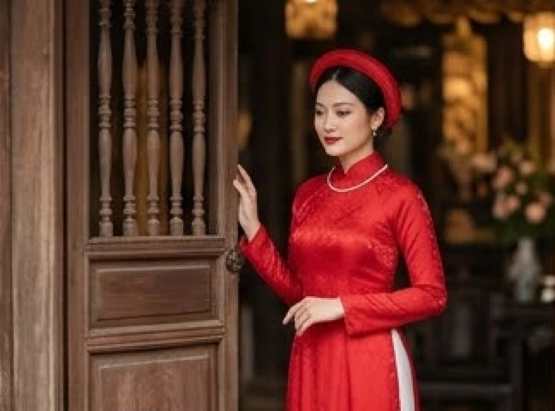Cô dâu trong trang phục áo dài cưới truyền thống Việt Nam thực hiện nghi thức xin dâu hai lần