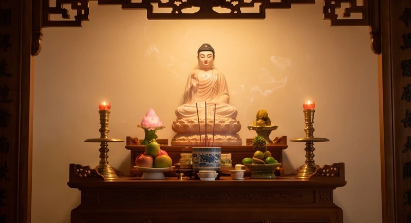 Tượng Phật trang nghiêm đặt ở vị trí cao nhất trên ban thờ tỏa ánh sáng vàng ấm áp trong không gian tâm linh